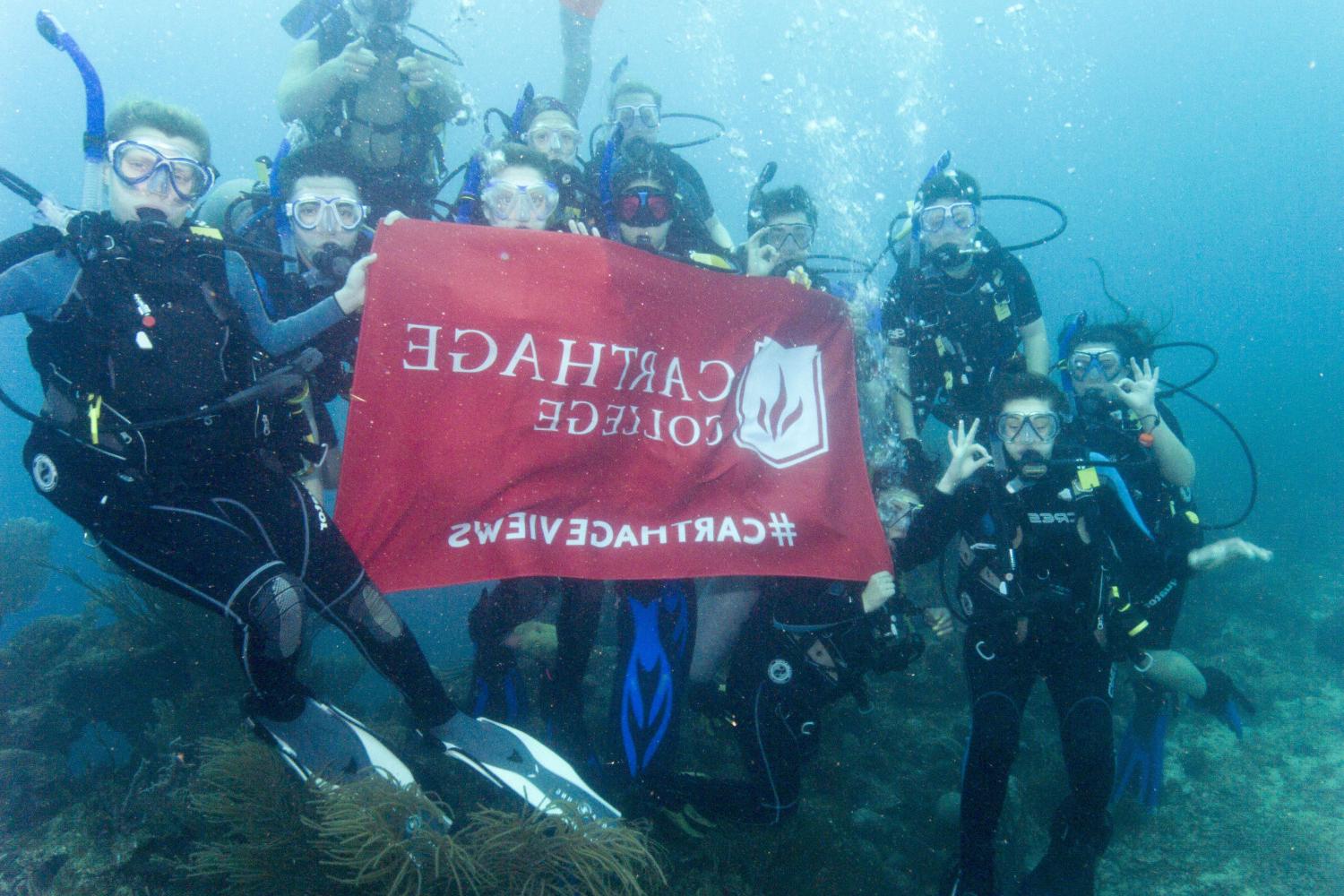 学生们手持<a href='http://1h1rj.litpliant.net'>bv伟德ios下载</a>旗帜，在j学期洪都拉斯游学之旅中潜水.